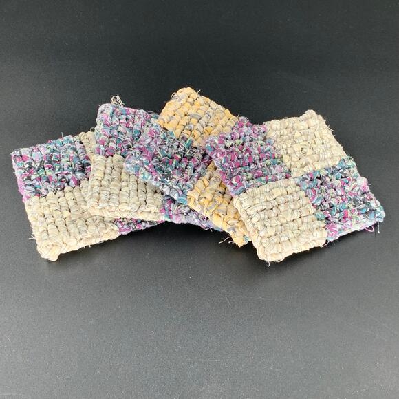 Drink Coaster Set Locker Hooking Handmade Yellow Purple Fabric Square Coasters - Picture 8 of 8